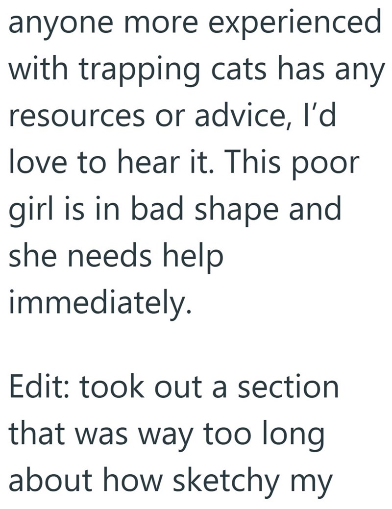 anyone more experienced. with trapping cats has any resources or advice, I'd love to hear it. This poor girl is in bad shape and she needs help immediately. Edit: took out a section that was way too long about how sketchy my