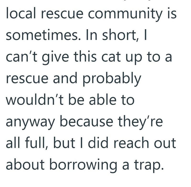 local rescue community is sometimes. In short, I can't give this cat up to a rescue and probably wouldn't be able to anyway because they're all full, but I did reach out about borrowing a trap.