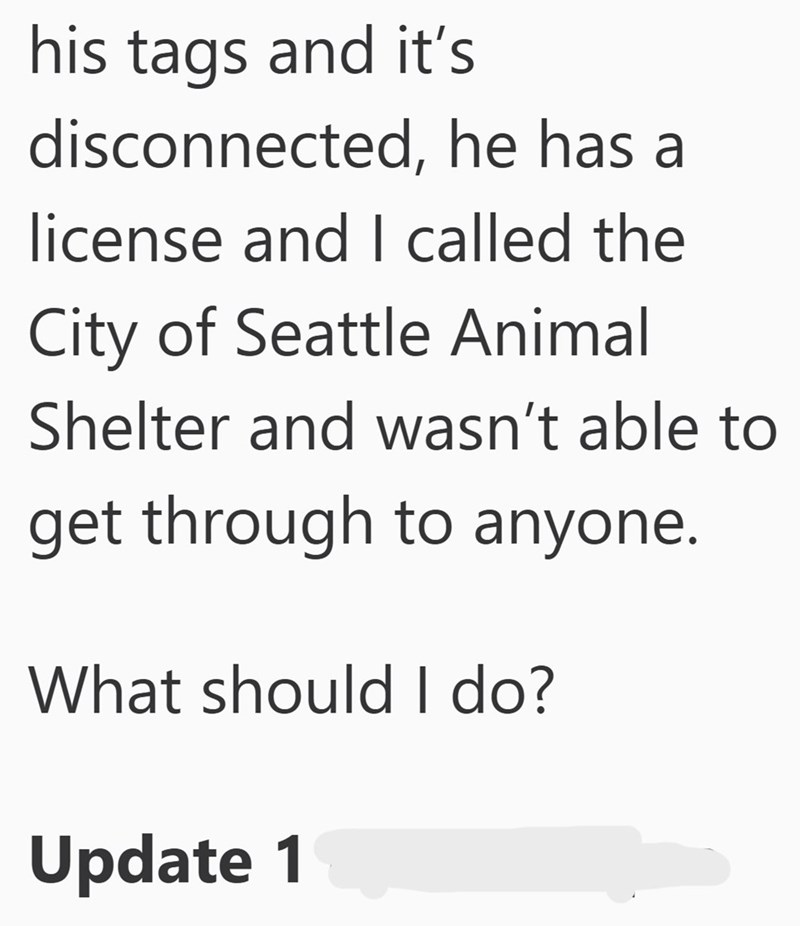 his tags and it's disconnected, he has a license and I called the City of Seattle Animal Shelter and wasn't able to get through to anyone. What should I do? Update 1