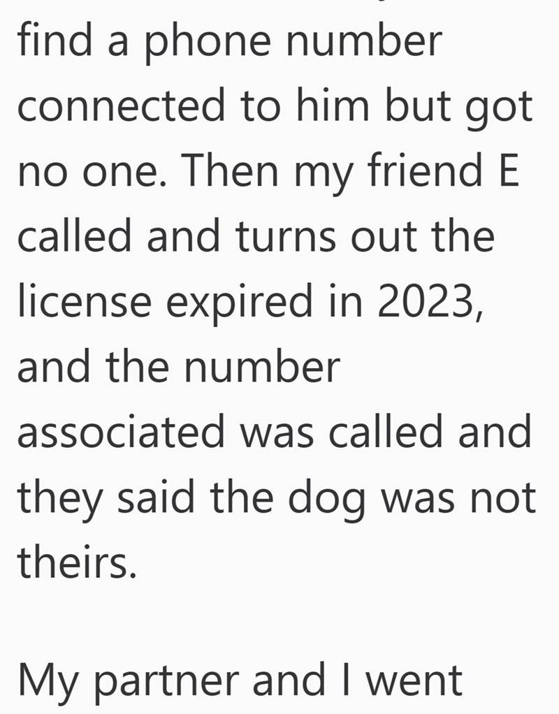 find a phone number connected to him but got no one. Then my friend E called and turns out the license expired in 2023, and the number associated was called and they said the dog was not theirs. My partner and I went
