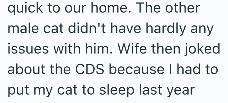 quick to our home. The other male cat didn't have hardly any issues with him. Wife then joked about the CDS because I had to put my cat to sleep last year