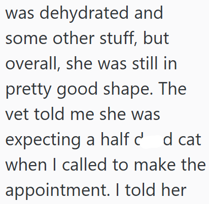 was dehydrated and some other stuff, but overall, she was still in pretty good shape. The vet told me she was expecting a half d d cat when I called to make the appointment. I told her