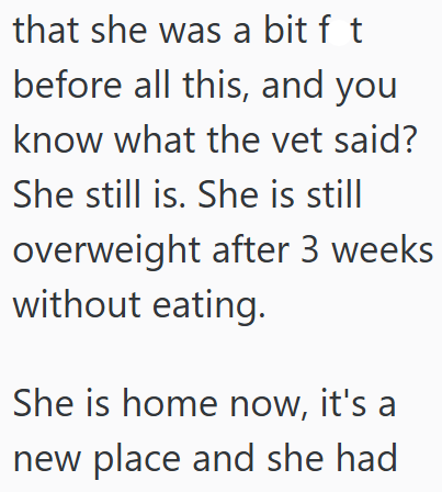 that she was a bit f t before all this, and you know what the vet said? She still is. She is still overweight after 3 weeks without eating. She is home now, it's a new place and she had