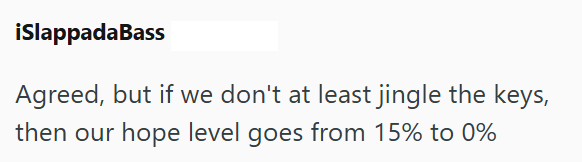 ¡Slappada Bass Agreed, but if we don't at least jingle the keys, then our hope level goes from 15% to 0%