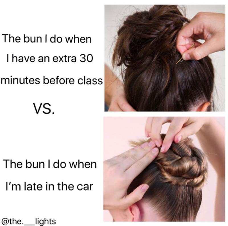 The bun I do when I have an extra 30 minutes before class VS. The bun I do when I'm late in the car @the._lights