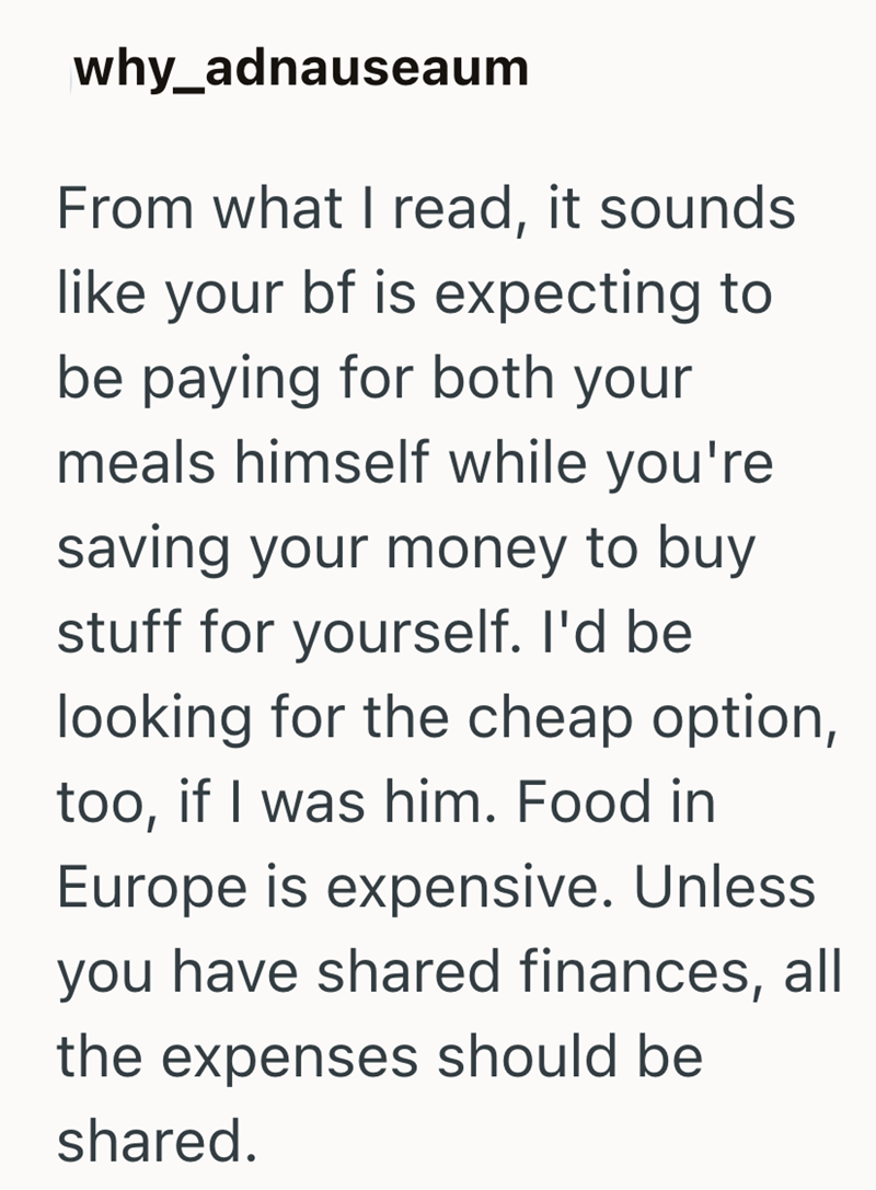 why_adnauseaum From what I read, it sounds like your bf is expecting to be paying for both your meals himself while you're saving your money to buy stuff for yourself. I'd be looking for the cheap option, too, if I was him. Food in Europe is expensive. Unless you have shared finances, all the expenses should be shared.