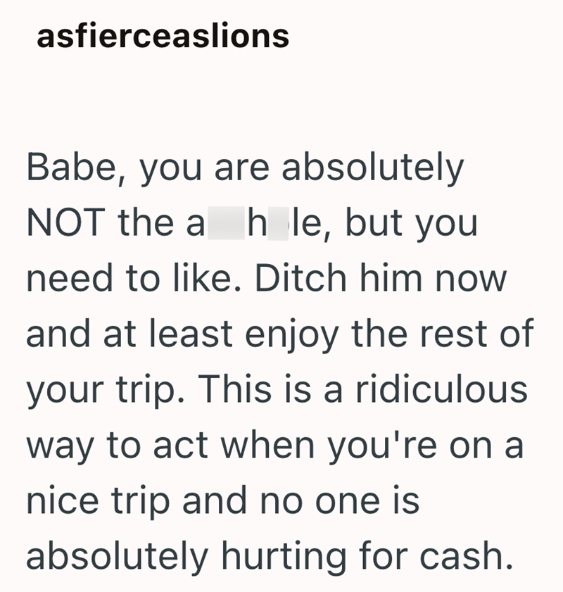 asfierceaslions Babe, you are absolutely NOT the a hole, but you need to like. Ditch him now and at least enjoy the rest of your trip. This is a ridiculous way to act when you're on a nice trip and no one is absolutely hurting for cash.