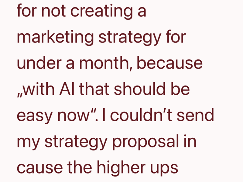 for not creating a marketing strategy for under a month, because ,,with Al that should be easy now". I couldn't send my strategy proposal in cause the higher ups
