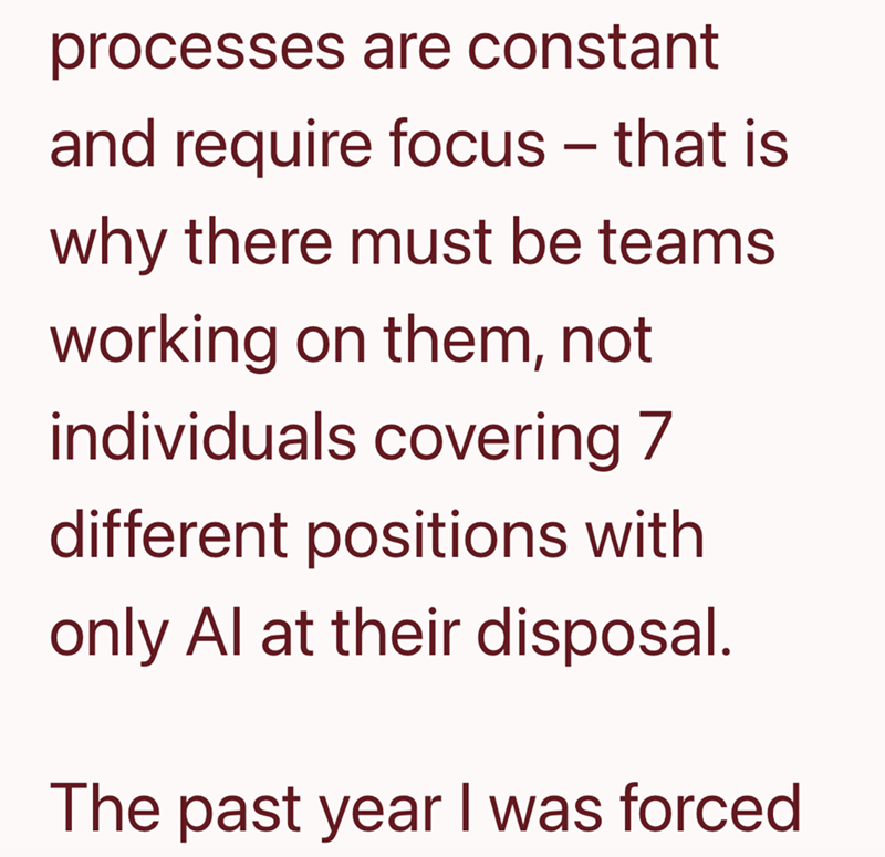 processes are constant and require focus - that is why there must be teams working on them, not individuals covering 7 different positions with only Al at their disposal. The past year I was forced