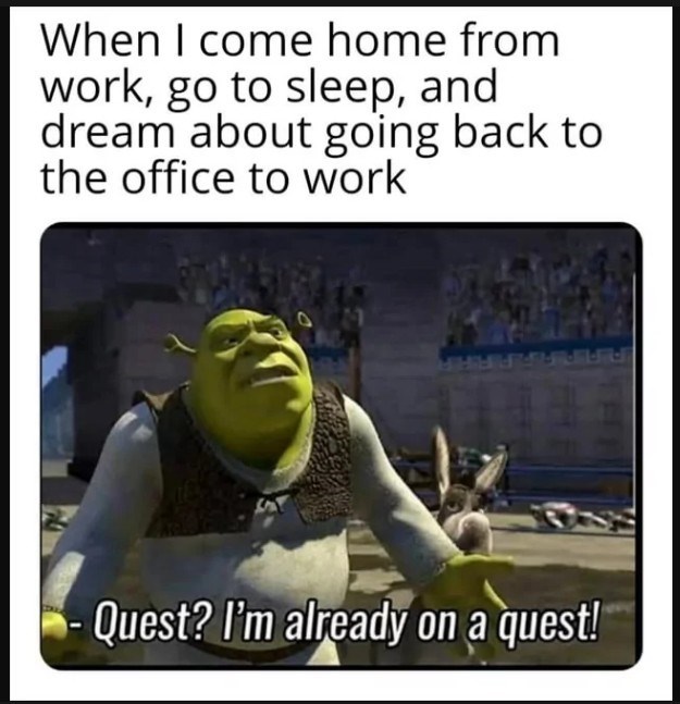 When I come home from work, go to sleep, and dream about going back to the office to work Quest? I'm already on a quest!