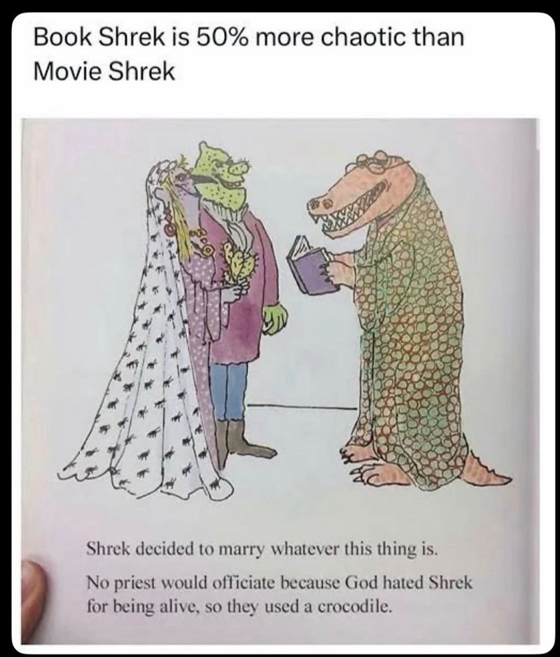 Book Shrek is 50% more chaotic than Movie Shrek Shrek decided to marry whatever this thing is. No priest would officiate because God hated Shrek for being alive, so they used a crocodile.