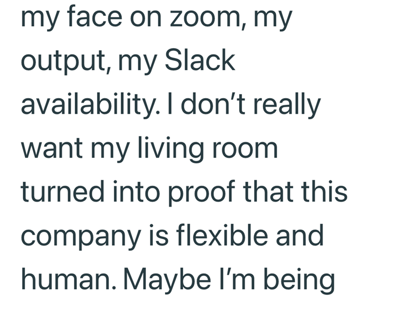 my face on zoom, my output, my Slack availability. I don't really want my living room turned into proof that this company is flexible and human. Maybe I'm being