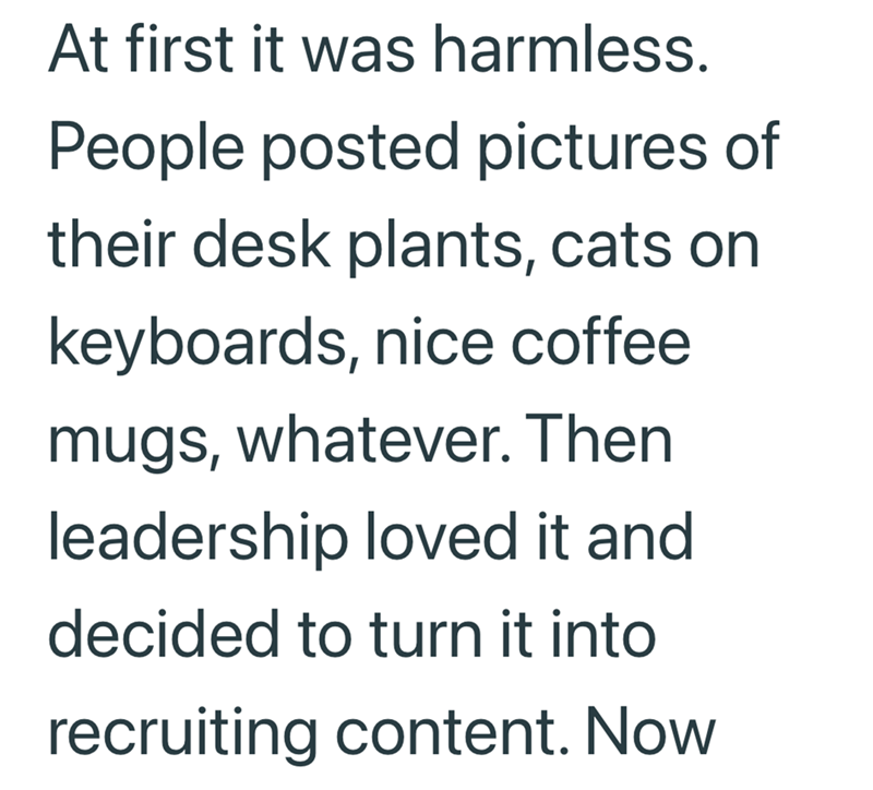 At first it was harmless. People posted pictures of their desk plants, cats on keyboards, nice coffee mugs, whatever. Then leadership loved it and decided to turn it into recruiting content. Now