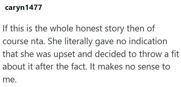 caryn 1477 If this is the whole honest story then of course nta. She literally gave no indication that she was upset and decided to throw a fit about it after the fact. It makes no sense to me.