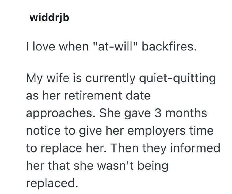 widdrjb I love when "at-will" backfires. My wife is currently quiet-quitting as her retirement date approaches. She gave 3 months notice to give her employers time to replace her. Then they informed her that she wasn't being replaced.