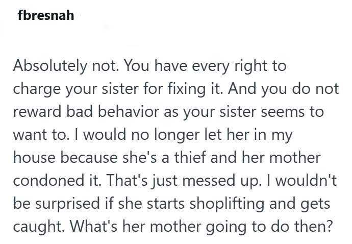 fbresnah Absolutely not. You have every right to charge your sister for fixing it. And you do not reward bad behavior as your sister seems to want to. I would no longer let her in my house because she's a thief and her mother condoned it. That's just messed up. I wouldn't be surprised if she starts shoplifting and gets caught. What's her mother going to do then?