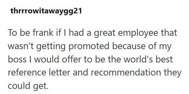 thrrrowitawaygg21 To be frank if I had a great employee that wasn't getting promoted because of my boss I would offer to be the world's best reference letter and recommendation they could get.