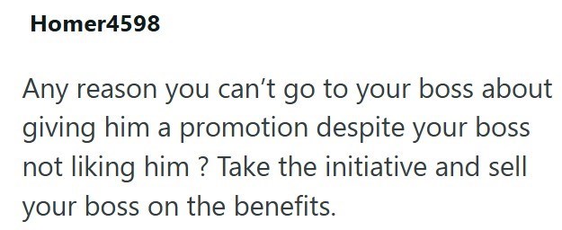 Homer4598 Any reason you can't go to your boss about giving him a promotion despite your boss not liking him? Take the initiative and sell your boss on the benefits.