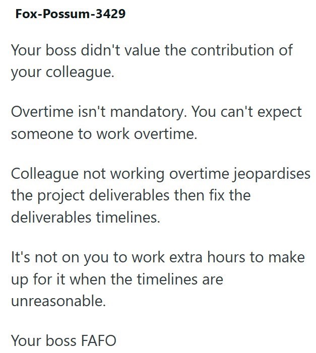 Fox-Possum-3429 Your boss didn't value the contribution of your colleague. Overtime isn't mandatory. You can't expect someone to work overtime. Colleague not working overtime jeopardises the project deliverables then fix the deliverables timelines. It's not on you to work extra hours to make up for it when the timelines are unreasonable. Your boss FAFO