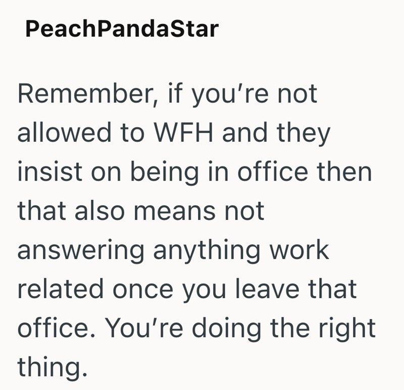 PeachPandaStar Remember, if you're not allowed to WFH and they insist on being in office then that also means not answering anything work related once you leave that office. You're doing the right thing.