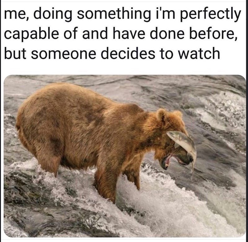 me, doing something i'm perfectly capable of and have done before, but someone decides to watch