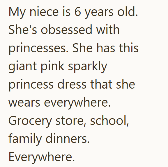My niece is 6 years old. She's obsessed with princesses. She has this giant pink sparkly princess dress that she wears everywhere. Grocery store, school, family dinners. Everywhere.