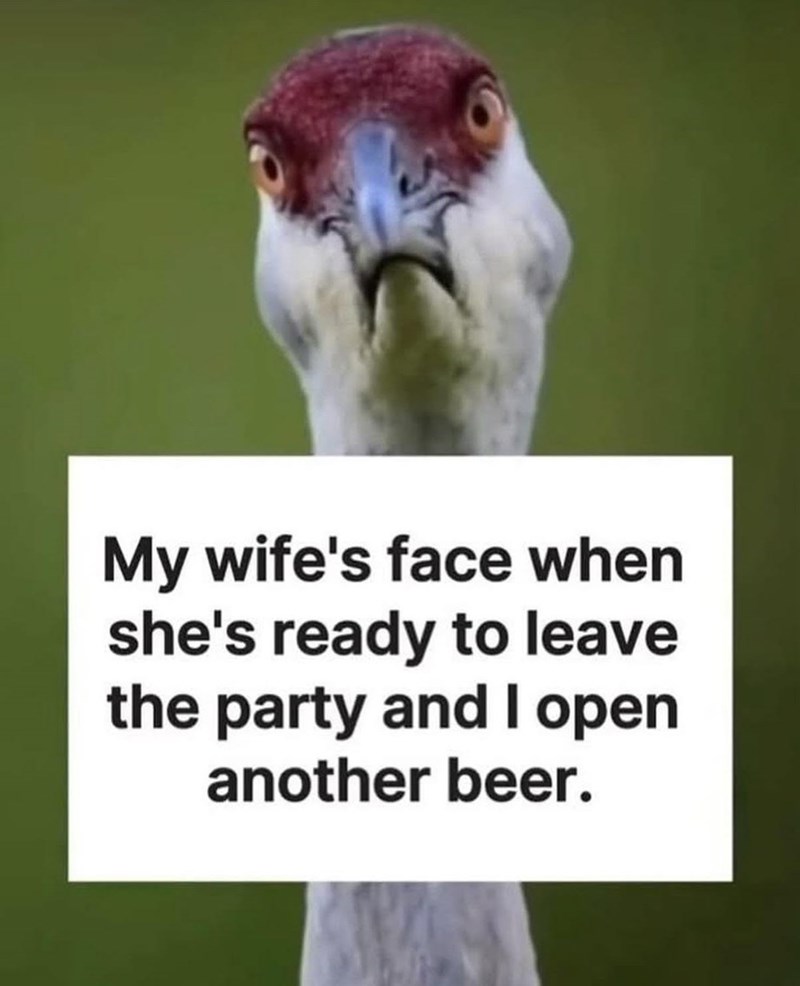 My wife's face when she's ready to leave the party and I open another beer.