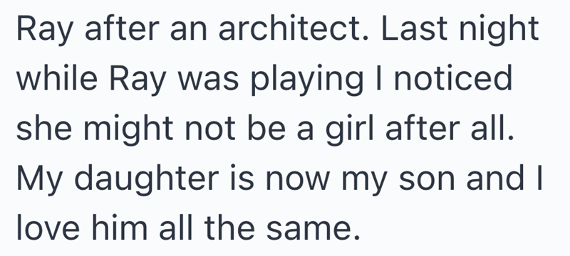 Ray after an architect. Last night while Ray was playing I noticed she might not be a girl after all. My daughter is now my son and I love him all the same.