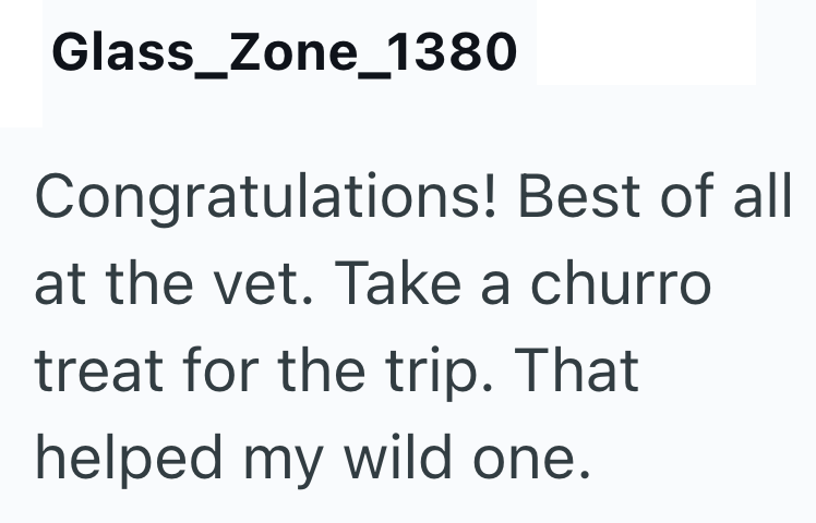 Glass_Zone_1380 Congratulations! Best of all at the vet. Take a churro treat for the trip. That helped my wild one.