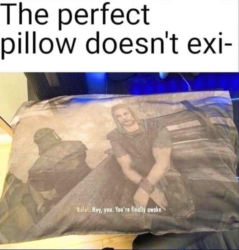 The perfect pillow doesn't exi- Ralof: Hey, you. You're finally awake.