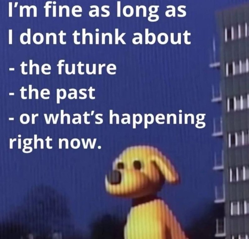 I'm fine as long as I dont think about - the future - the past - or what's happening right now.
