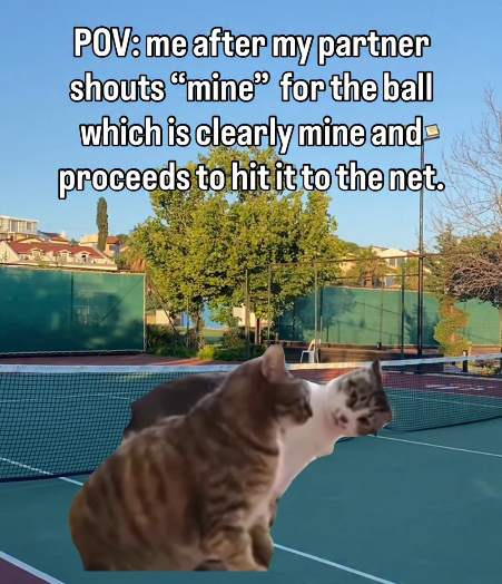POV: me after my partner shouts "mine" for the ball which is clearly mine and proceeds to hit it to the net.