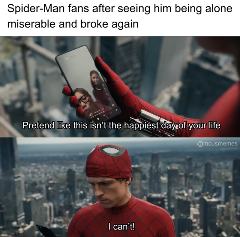 Spider-Man fans after seeing him being alone miserable and broke again O Pretend like this isn't the happiest day of your life @mcusmemes I can't!