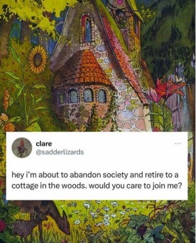 clare @sadderlizards hey i'm about to abandon society and retire to a cottage in the woods. would you care to join me?