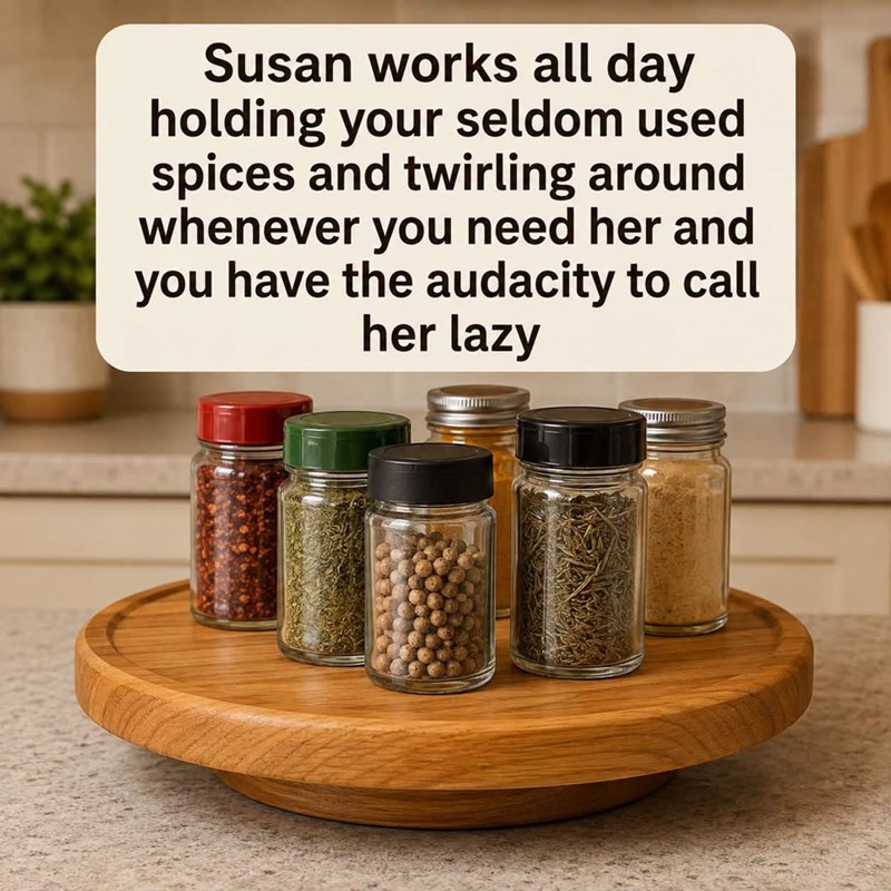 Susan works all day holding your seldom used spices and twirling around whenever you need her and you have the audacity to call her lazy
