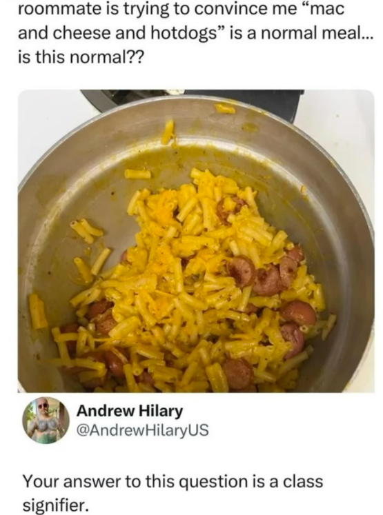 roommate is trying to convince me "mac and cheese and hotdogs" is a normal meal... is this normal?? Andrew Hilary @AndrewHilaryUS Your answer to this question is a class signifier.
