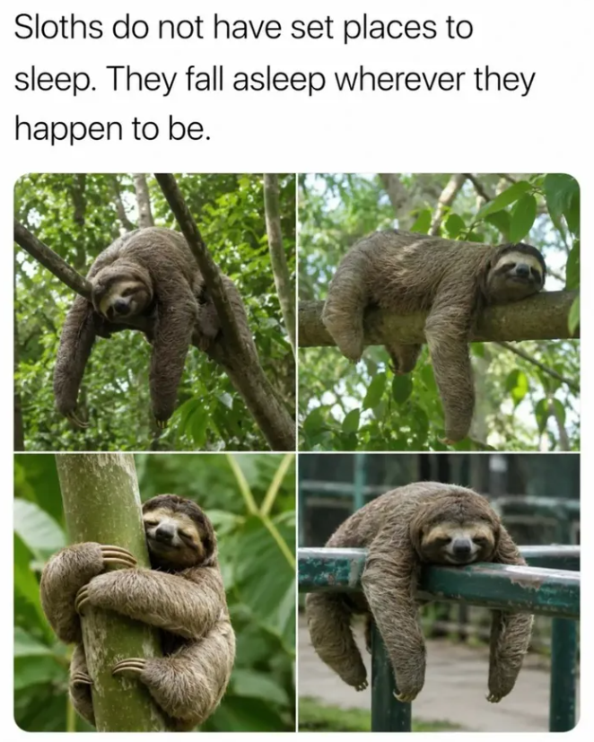Sloths do not have set places to sleep. They fall asleep wherever they happen to be.