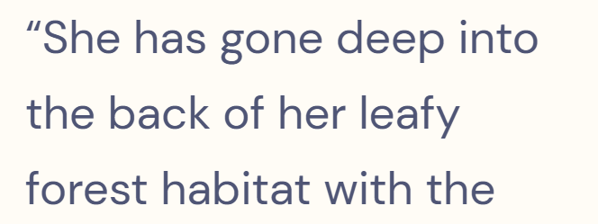 "She has gone deep into the back of her leafy forest habitat with the