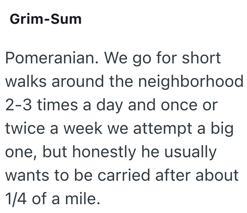 Grim-Sum Pomeranian. We go for short walks around the neighborhood 2-3 times a day and once or twice a week we attempt a big one, but honestly he usually wants to be carried after about 1/4 of a mile.
