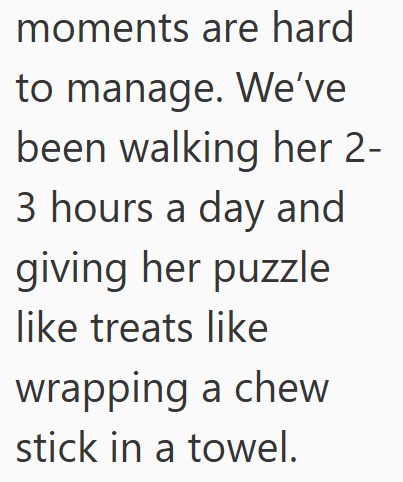moments are hard to manage. We've been walking her 2- 3 hours a day and giving her puzzle like treats like wrapping a chew stick in a towel.