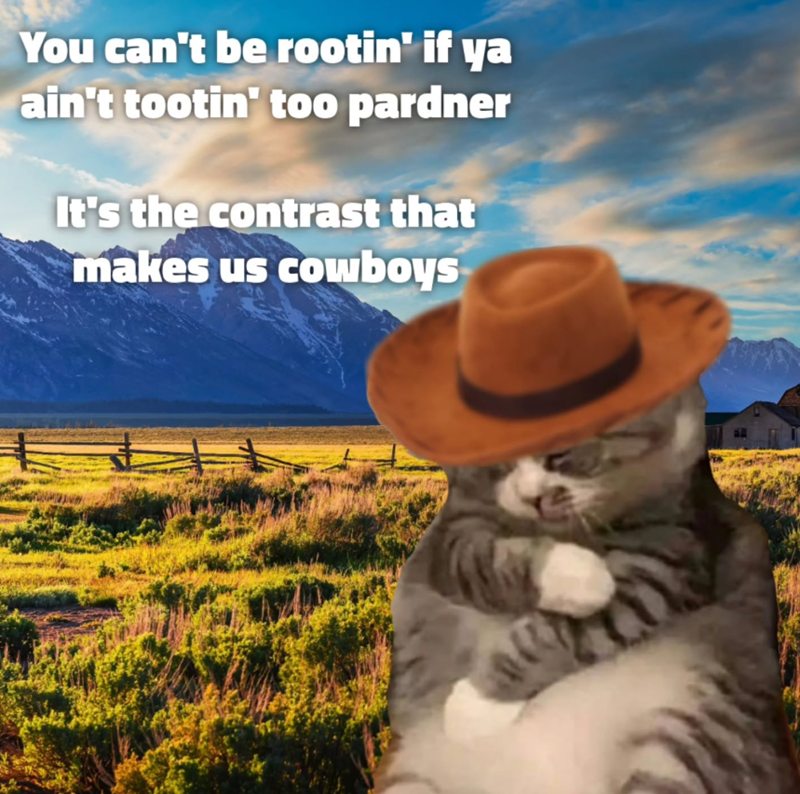 You can't be rootin' if ya ain't tootin' too pardner It's the contrast that makes us cowboys S