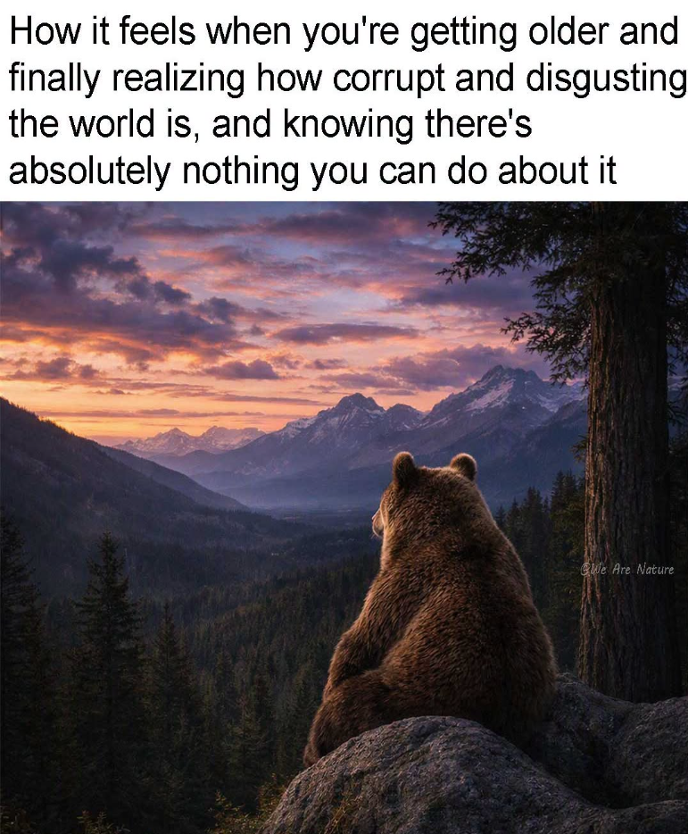 How it feels when you're getting older and finally realizing how corrupt and disgusting the world is, and knowing there's absolutely nothing you can do about it We Are Nature