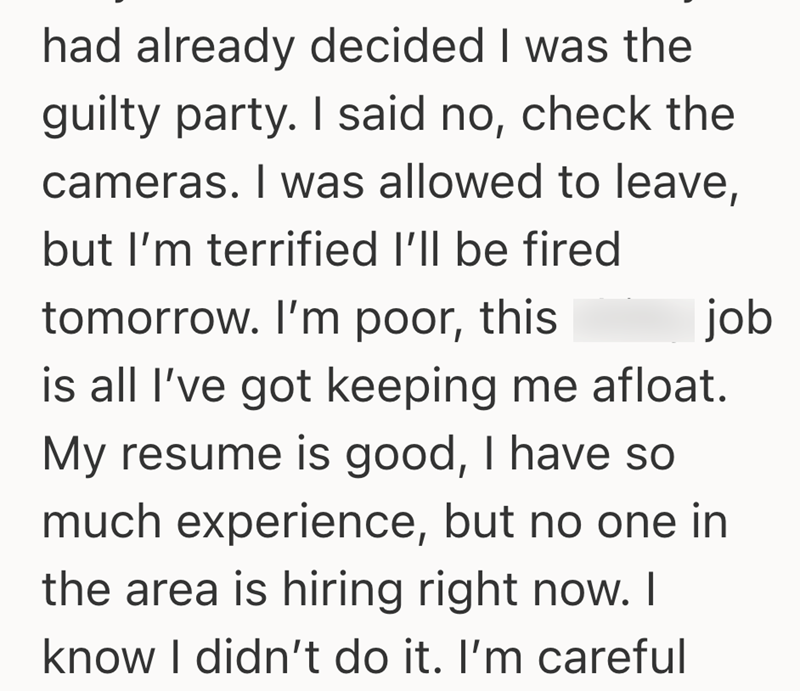 had already decided I was the guilty party. I said no, check the cameras. I was allowed to leave, but I'm terrified I'll be fired tomorrow. I'm poor, this job is all I've got keeping me afloat. My resume is good, I have so much experience, but no one in the area is hiring right now. I know I didn't do it. I'm careful