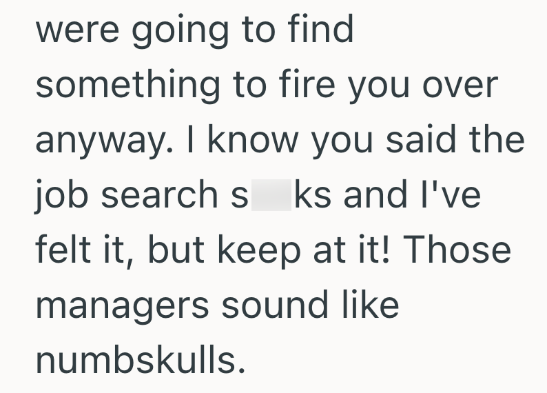 were going to find something to fire you over anyway. I know you said the job search s ks and I've felt it, but keep at it! Those managers sound like numbskulls.
