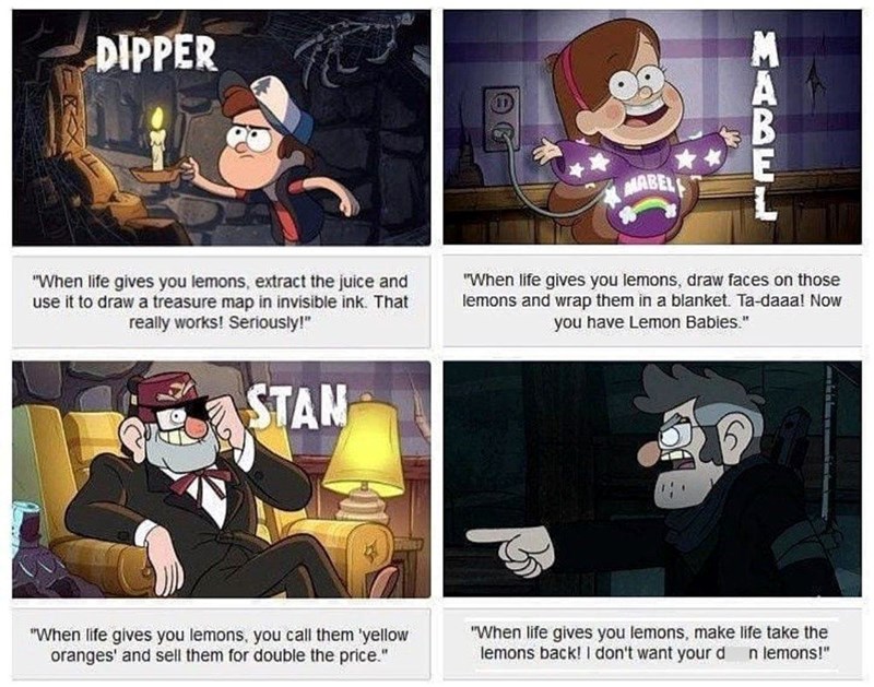 DIPPER MABEL HABEL "When life gives you lemons, extract the juice and use it to draw a treasure map in invisible ink. That really works! Seriously!" "When life gives you lemons, draw faces on those lemons and wrap them in a blanket. Ta-daaa! Now you have Lemon Babies." STAN "When life gives you lemons, you call them 'yellow oranges' and sell them for double the price." "When life gives you lemons, make life take the lemons back! I don't want your d n lemons!"
