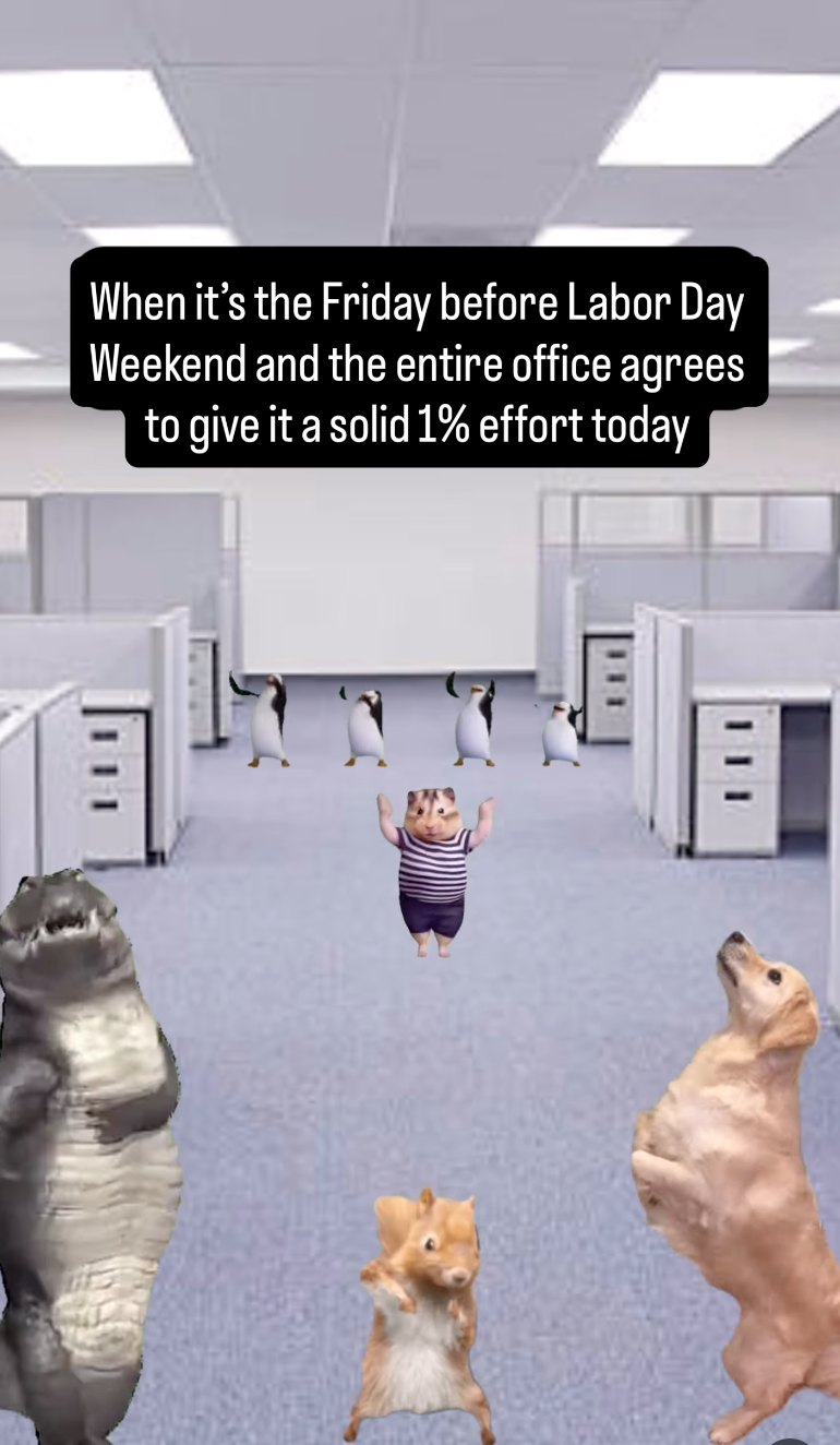 When it's the Friday before Labor Day Weekend and the entire office agrees to give it a solid 1% effort today 111 111