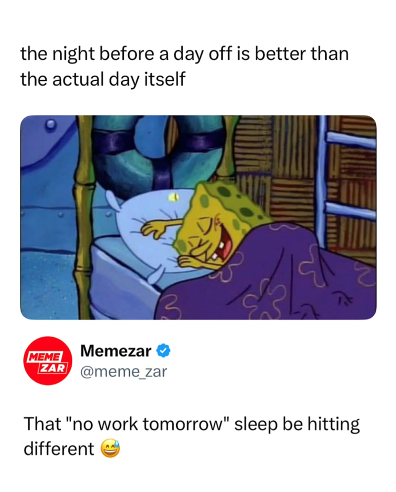 the night before a day off is better than the actual day itself MEME Memezar ZAR @meme_zar That "no work tomorrow" sleep be hitting different