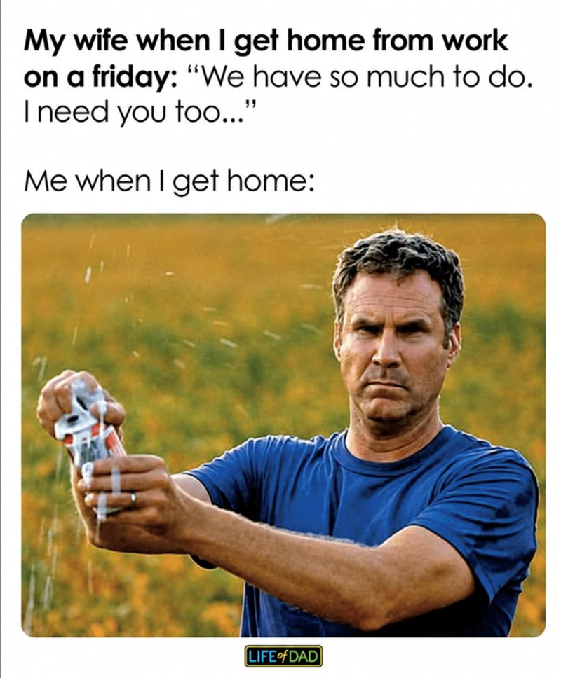 My wife when I get home from work on a friday: "We have so much to do. I need you too..." Me when I get home: LIFE of DAD