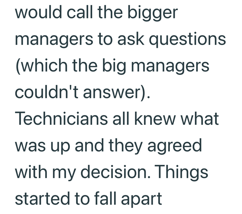 would call the bigger managers to ask questions (which the big managers couldn't answer). Technicians all knew what was up and they agreed with my decision. Things started to fall apart