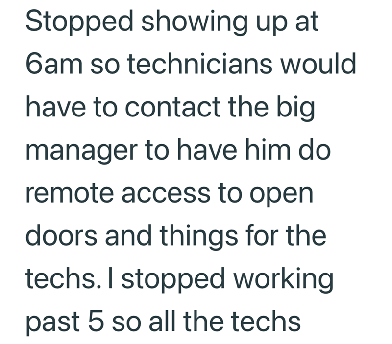 Stopped showing up at 6am so technicians would have to contact the big manager to have him do remote access to open doors and things for the techs. I stopped working past 5 so all the techs